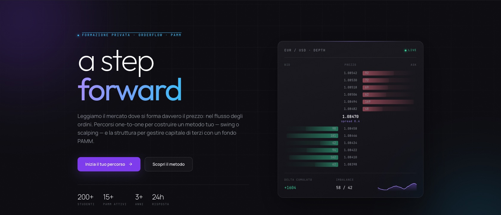 La home di omniscent.space: il titolo «a step forward» accanto al pannello della profondità di mercato EUR/USD