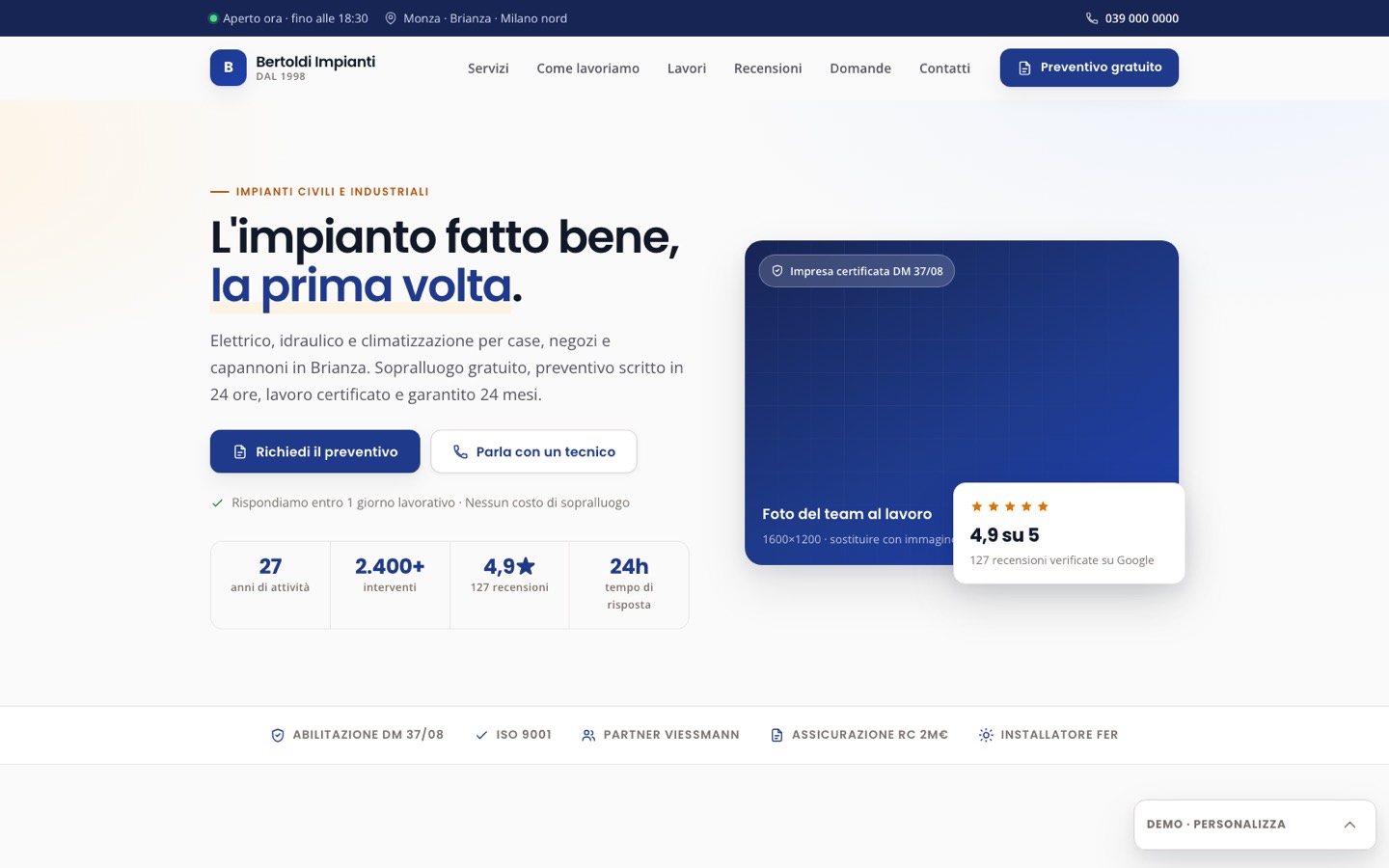 Demo del template vetrina soft: titolo «L'impianto fatto bene, la prima volta» su fondo blu notte e crema
