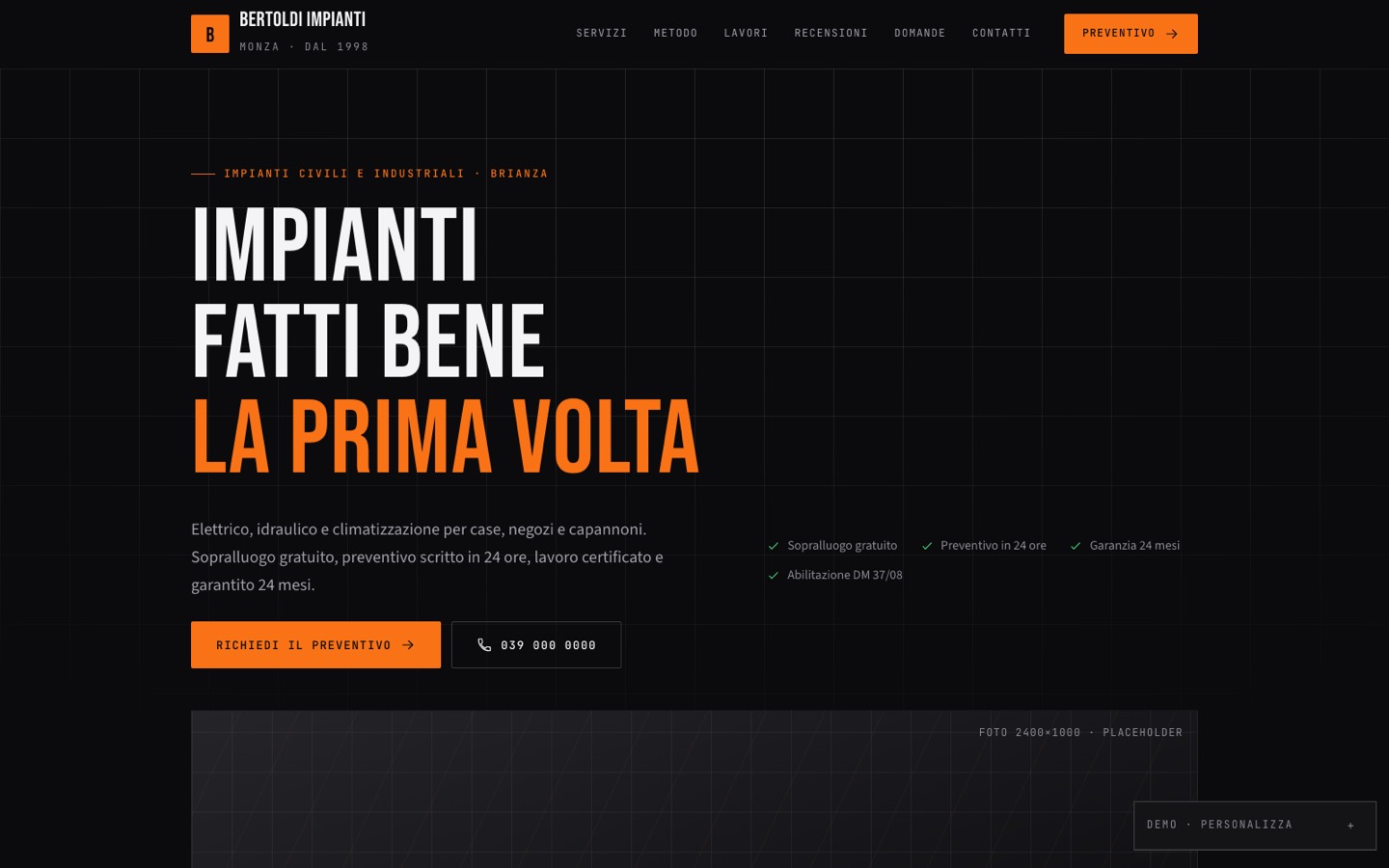 Demo del template vetrina aggressiva: titolo condensato «Impianti fatti bene la prima volta» in arancio su fondo nero
